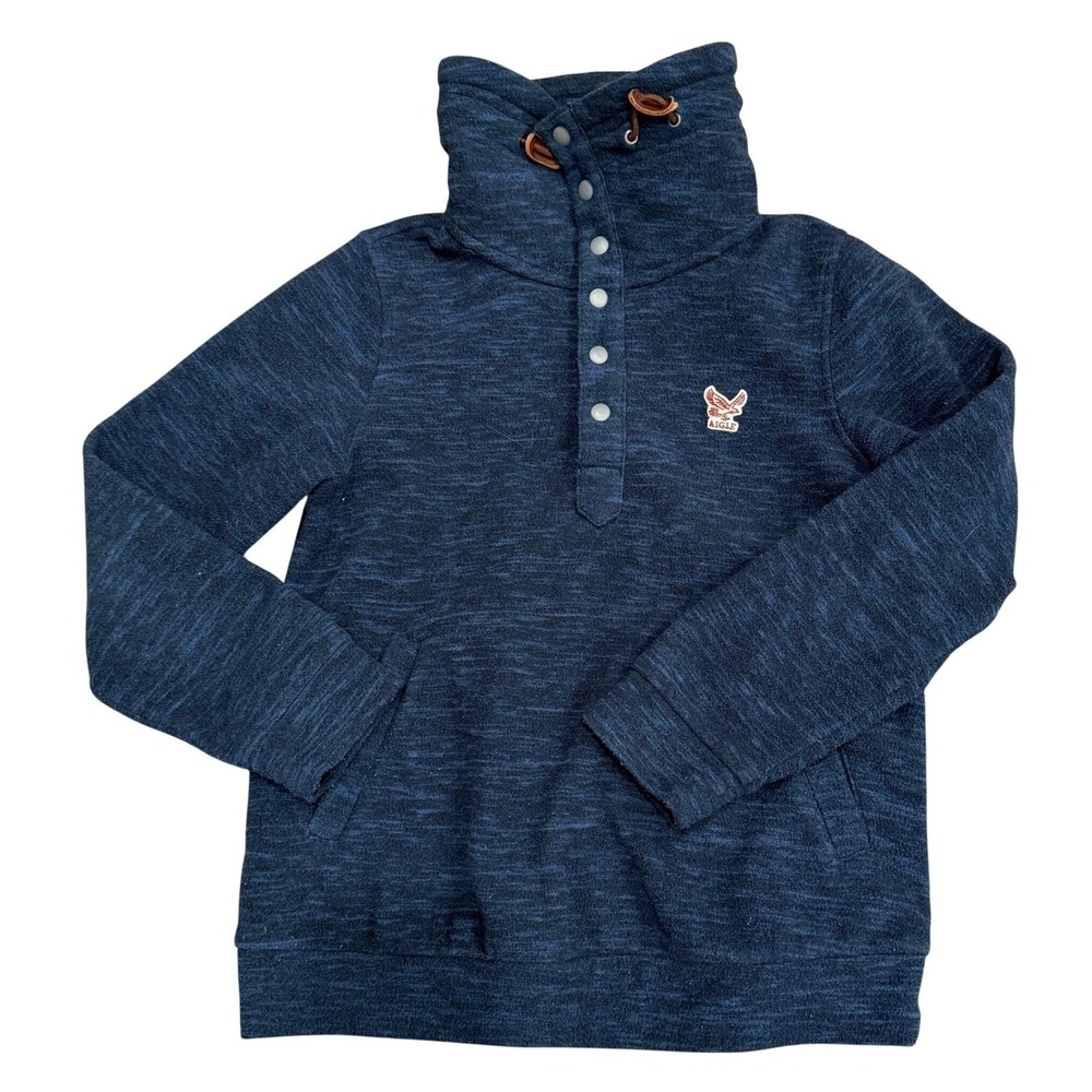 AIGLE MIDOUZE JR Kids Fleece Pullover Sweatshirt‎ Mock Neck Snap Buttons Blue